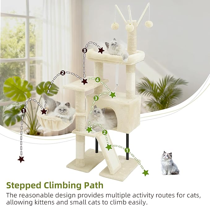 Cat Tree for Indoor Cats, Cat Tower with Scratching Post for Small Cats and Kittens, Cat House with Removable Top Platform and Fluffy Balls, Hanging Cat Basket, Beige GCT006SM
