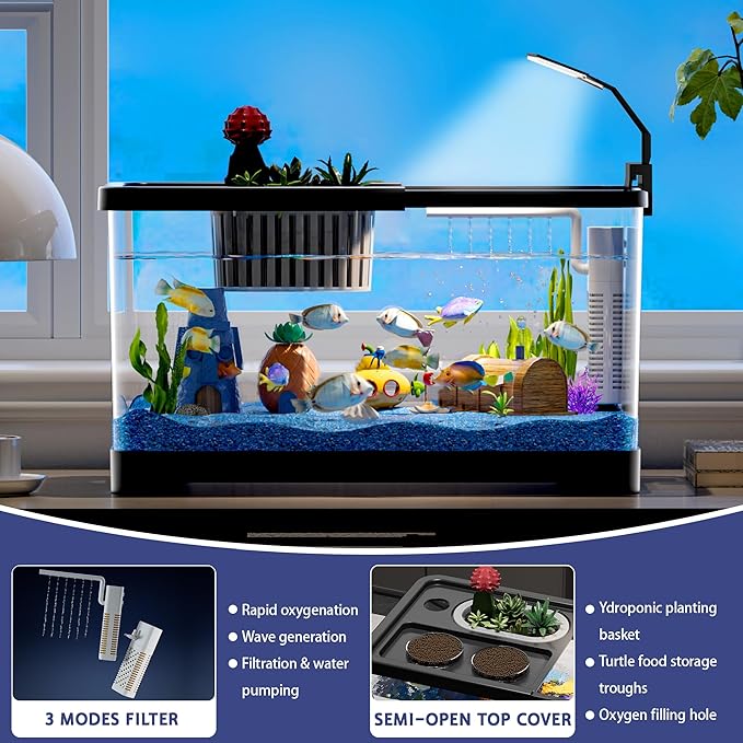 5.3 Gallon Fish Tank, 9 in 1 Betta Fish Tank, Aquarium with LED Full Spectrum 3 Color Light, 3 Modes Filter, Hydroponic Basket, Fishing Net, Shells, Aquatic Plant, Pebbles, Coral, Starter Kit (Black)