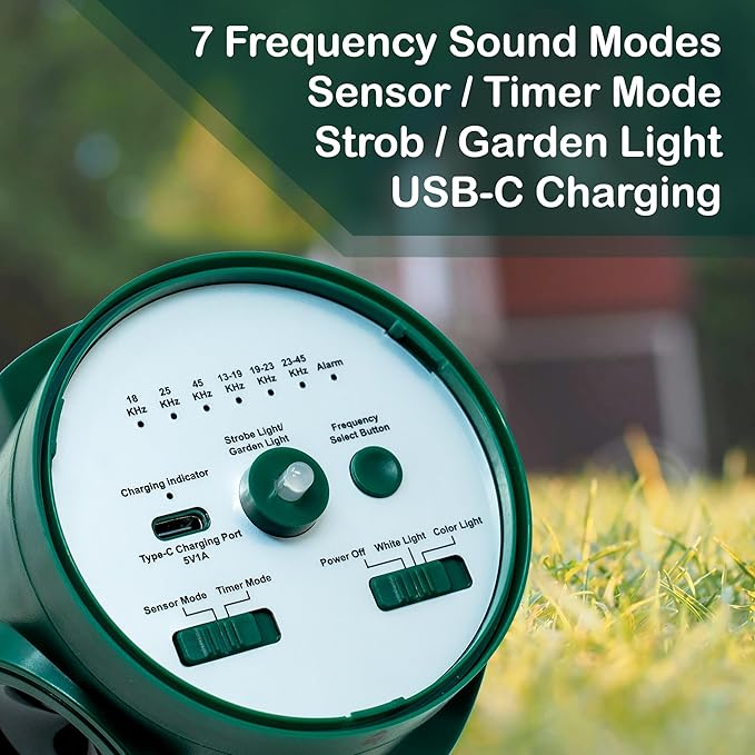 360° Solar Ultrasonic Animal Repellent Outdoor Motion Activated Pest Deterrent with Strobe Light, Waterproof Garden Protection for Cats, Dogs, Squirrels, Raccoons,Skunks, Rabbits, Coyotes