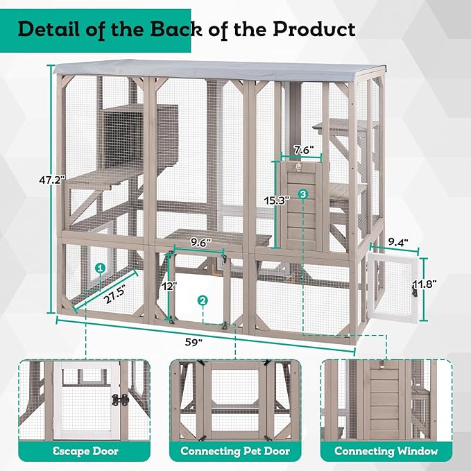 118" Large Catio Outdoor Cat Enclosure, Weatherproof Cat Patio Enclosures for Multiple Cats, Outside Kitty Cage Catio Window Access with 8 Jumping Platforms & 2 Resting Rooms