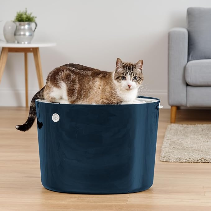 IRIS USA Large Top Entry Cat Litter Box with Lid Enclosed Covered Hooded Design Litter Catching Scatter Shield Pan Dog Proof Pet Proof Scoop Included Odor Control for Indoor Cats Kittens, Navy/White