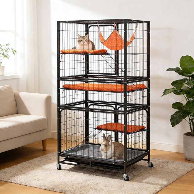 Cat Cages Indoor,4-Tier Ferret Cage, Large Wire Crates with Hammock, Cat Enclosure with 2 Ladders, Cat Kennel with Wheels for Kitten, Guinea Pig, Rabbit, Chinchilla, Black