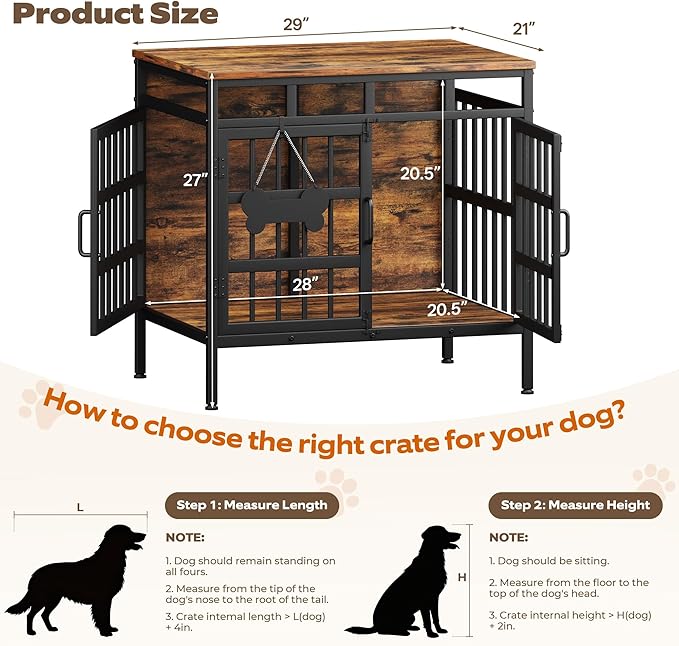 Dog Crate Furniture for Medium Dogs, Wooden Dog Kennel Furniture for Small Dogs, Double-Doors Sturdy Metal Dog Cage for Anxiety Dog, Anti Escape Wooden Cage with Name Tag End Table, TV Stand Brown