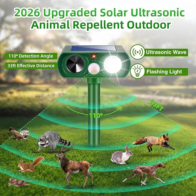 2026 Upgraded Solar Ultrasonic Animal Repellent Cat Deterrent Outdoor Deer Repellent Devices Motion Detection Strobe Light,Waterproof Squirrel Skunk Raccoon Dog Rabbit Deterrent for Garden Yard,4 Pack