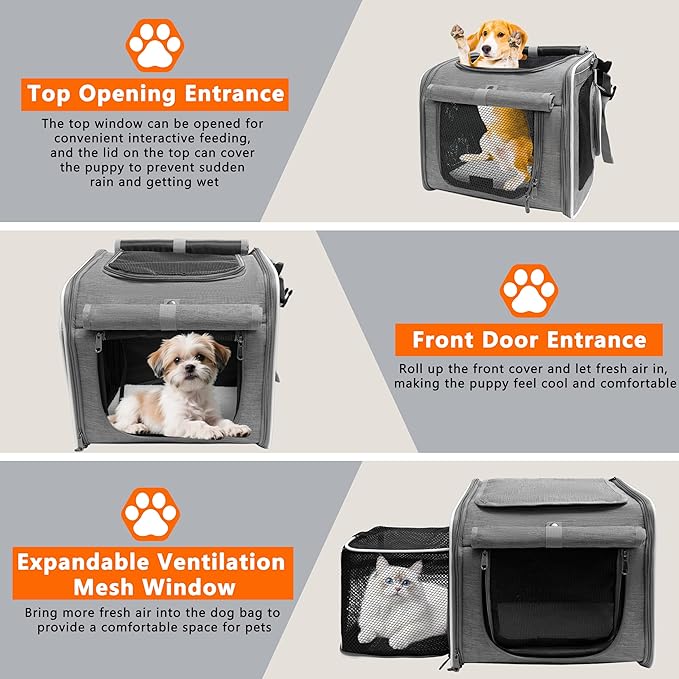 Dog Bike Basket, Expandable Soft Edge Pet Carrier Backpack, Foldable Dog Bicycle Carriers with 4 Mesh Windows, for Medium Cats&Dogs, Suitable for Cross Shaped, Shoulder and Car Seats (Grey)