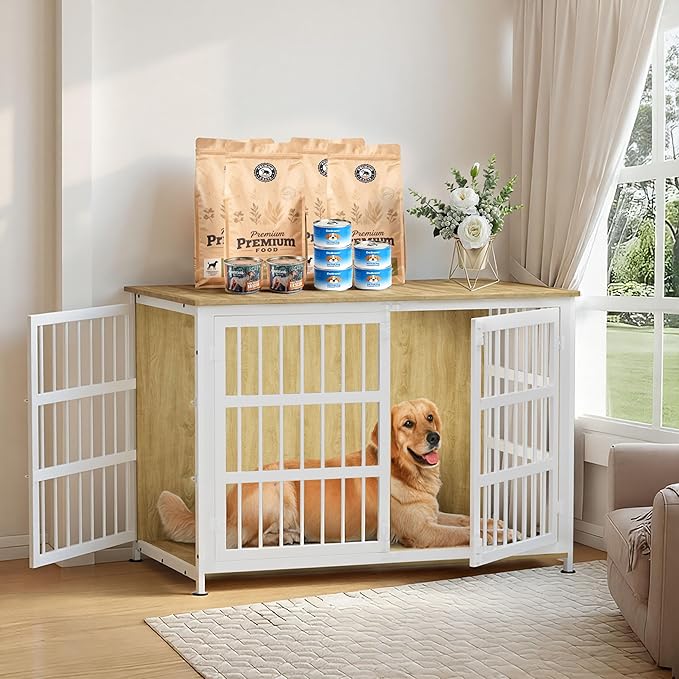 46'' Dog Crate Furniture Large Breed Dog Crate Dog Kennels for Inside Wooden Dog Crates End Table Heavy Duty Indoor Combination Cage for Medium to Large Dogs Oak