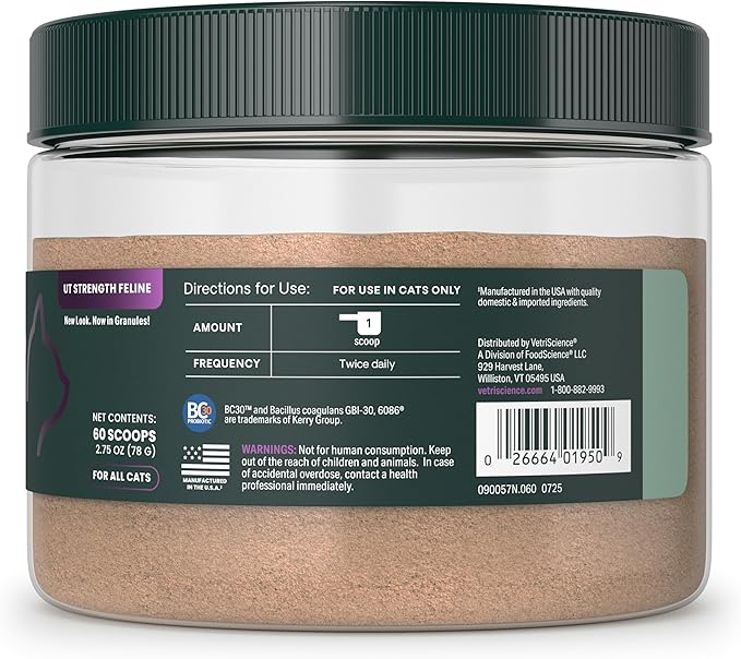 VetriScience UT Health Powder, UT Strength Cranberry D-Mannose Bladder and Urinary Tract Supplement for Cats, Bromelain and Probiotics, Healthy Mineral Balance, Chicken & Cheese, 60 Scoops