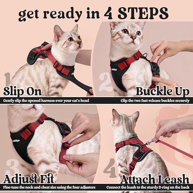 rabbitgoo Cat Harness and Leash for Walking, Escape Proof Soft Adjustable Vest Harnesses for Cats, Easy Control Breathable Reflective Strips Jacket, Black & Red, S