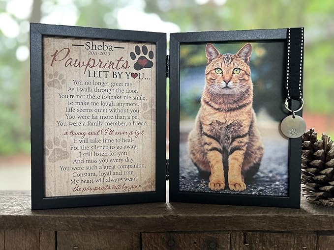 Pawprints Left By You Memorial 5x7 Frame for Cat with Pet Tag - Thoughtful Cat Memorial Gift (Black Personalized)
