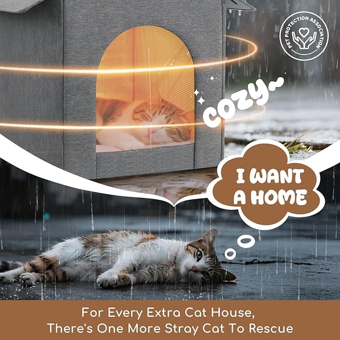 Insulated Outdoor Cat House Weatherproof, Winter Cat Dog Houses for Outdoor Cats with Heated-Foil, Waterproof Feral Stray Cat Shelter with Door Curtain and Warm Mat, Easy to Assemble, Grey
