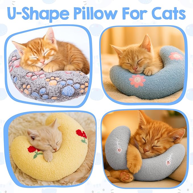 4 Pcs Ultra Soft Fluffy Pet Calming Pillow U Shaped Donut Cat & Dog Bed with Cute Embroidery, Anxiety Relief & Joint Support, Machine Washable