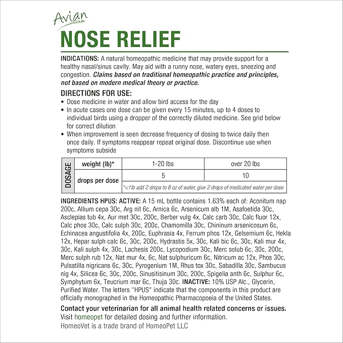 HomeoPet Avian Nose Relief, Safe and Natural Bird and Chicken Supplement, 15 Milliliters
