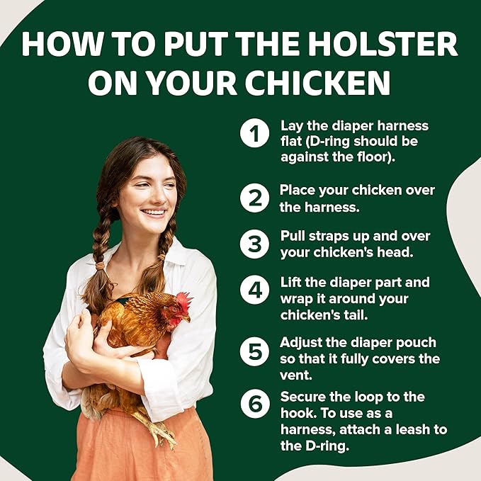 Hen Holster Wrap-Around Bird Diaper & Harness for Hens, Roosters, Ducks, Geese - with Removable Vinyl Liner, Adjustable Fit for Outdoor Adventures & Indoor Use - Easy to wear - Large, Green