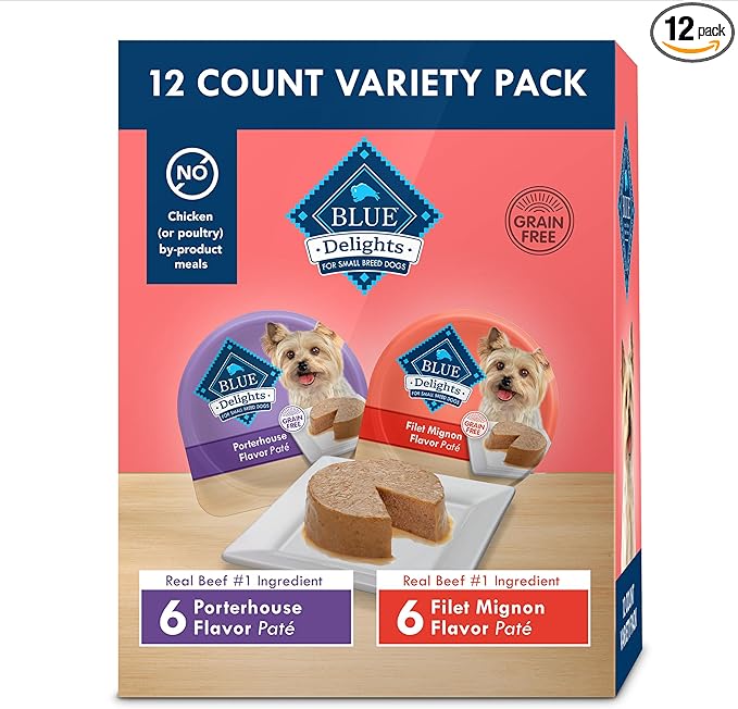 Blue Buffalo Delights Natural Adult Small Breed Wet Dog Food Variety Pack, Made with Natural Ingredients, Filet Mignon Flavor Paté & Porterhouse Flavor Paté, 3.5-oz. Cups (12 Count, 6 of Each)