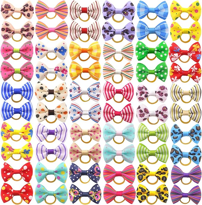 Puppy Dog Hair Bows: with Rubber Bands Small Pet Grooming Girl Doggy Accessories Gifts 60pcs (30 Pairs)