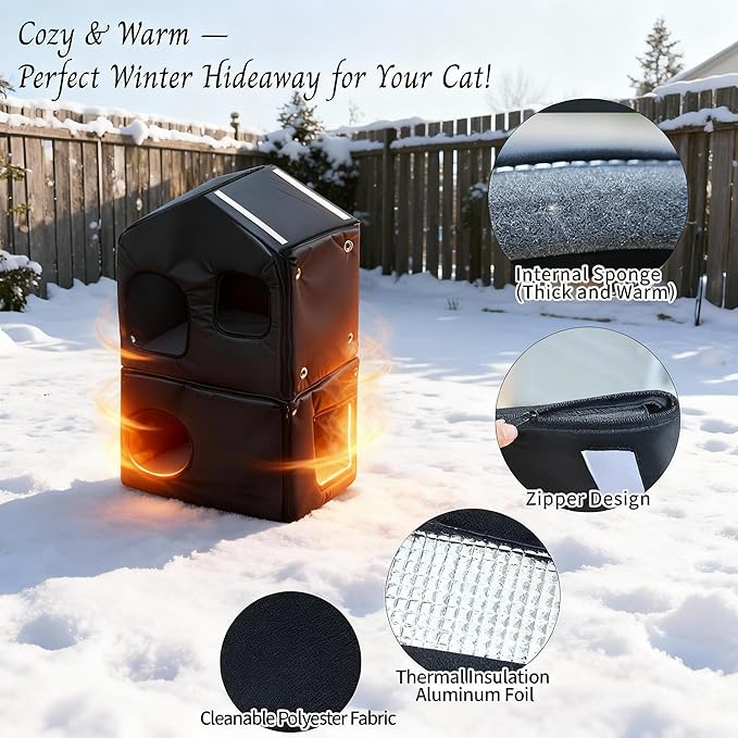 Outdoor Cat House with Insulated Liner, Weatherproof for Feral Multi Cat, 2 Story Plastic Elevated Cat Shelter with Escape Door, Scratching Post, Stainless Steel Bowl, Grey 35" D x 15" W x 20" H