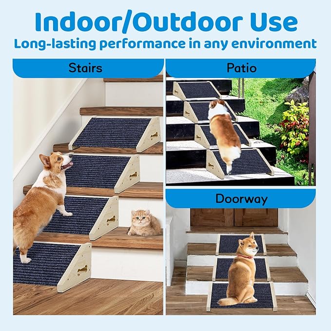 Extra Wide Dog Ramps for Stairs, Wooden Pet Ramp Stairs for Small Medium Dogs, Non-Slip Dog Pet Steps for Any Staircase, Stair Ramp for Injured Dogs with Anti-Slip Strip, 4 Pack