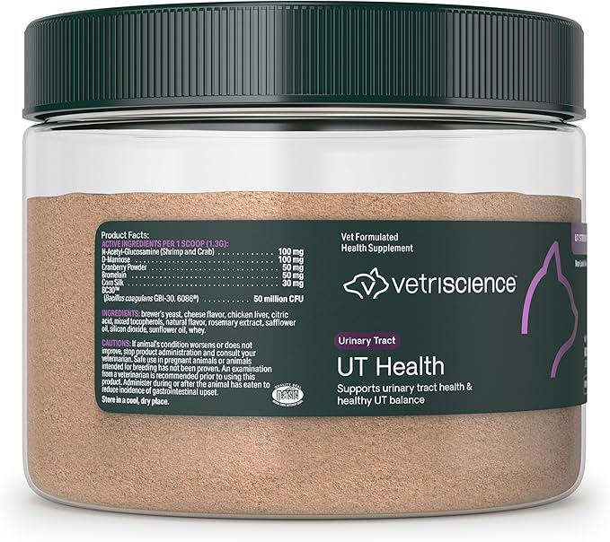 VetriScience UT Health Powder, UT Strength Cranberry D-Mannose Bladder and Urinary Tract Supplement for Cats, Bromelain and Probiotics, Healthy Mineral Balance, Chicken & Cheese, 60 Scoops