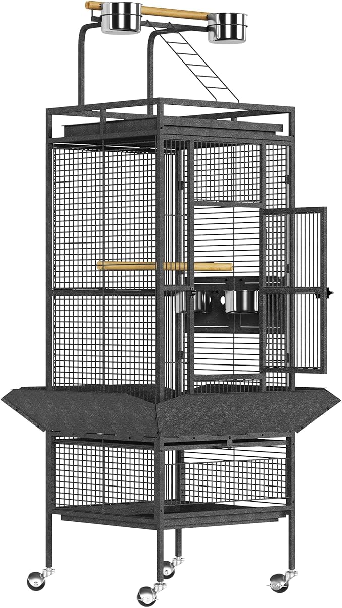 61" Large Bird Cage, Metal Parrot Cage with Play Top, Rolling Stand & Bowls - Bird Aviary for Macaws, Cockatoos, Conures, Black