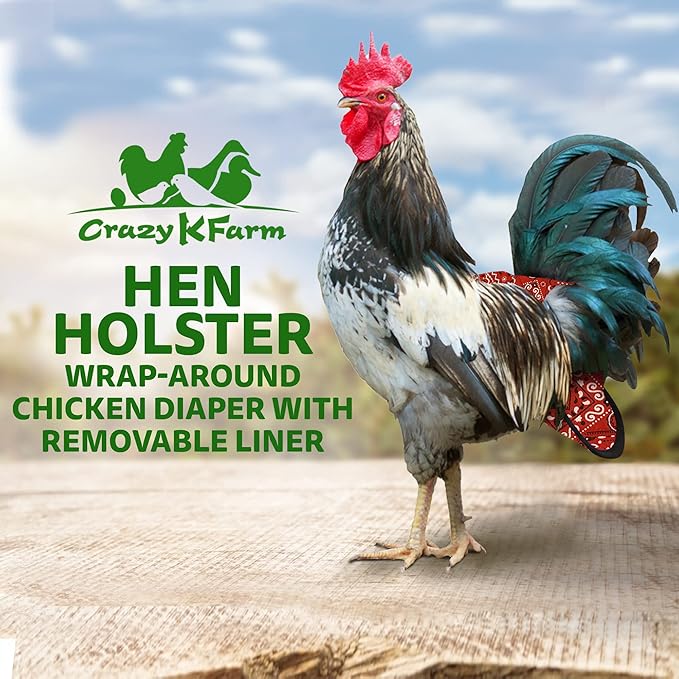 Hen Holster Wrap-Around Bird Diaper & Harness for Hens, Roosters, Ducks - with Removable Vinyl Liner, Adjustable Fit for Outdoor Adventures & Indoor Use - Easy to wear - Large, Red Bandana