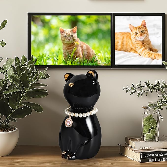 Cat Urns for Ashes, Elegant Ceramics Pets Cremation Keepsake, Funerary Urns Black Pet Urn for Cats Memorial Box with Personalized Necklace (20lbs)