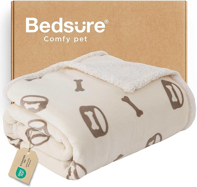 Bedsure Waterproof Blanket for Bed - Soft Print Sherpa Fleece Pet Cat Dog Blankets for Large Dogs Couch Protection, Soft Plush Reversible Furniture Protector, Twin Size, 60"x80", Beige