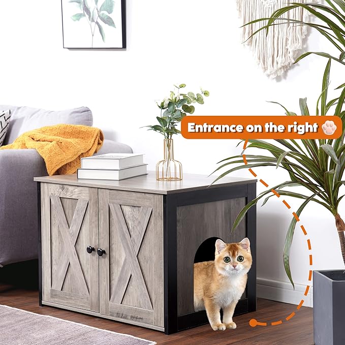Dwanton Litter Box Enclosure, Cat Litter Box Furniture Hidden, Reversible Entrance Can Be on Left or Right Side, Wooden Cat Washroom Indoor, Greige, 27.6 Inches