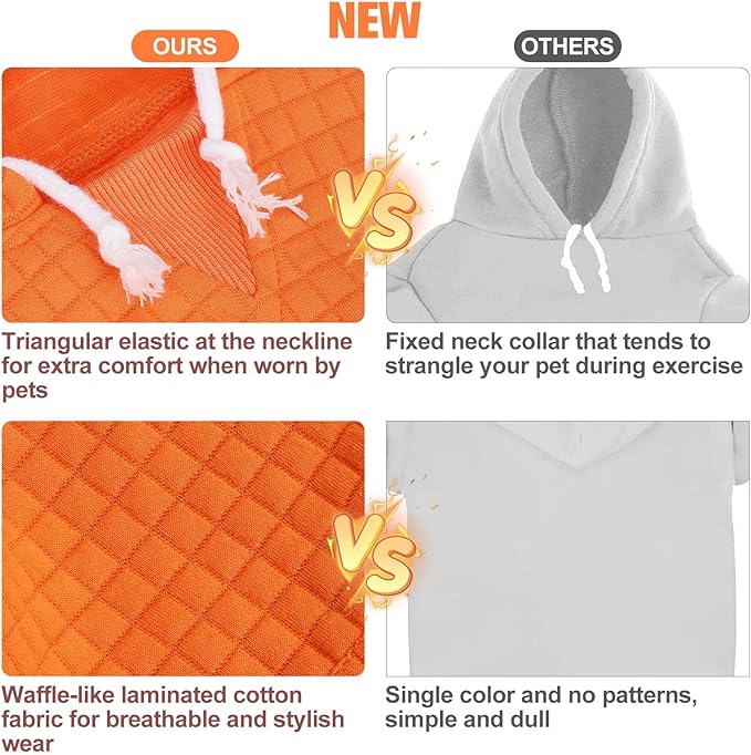 BEAUTYZOO Small Dog Hoodie Sweater with Pockets, Dog Clothes for Small Medium Dogs Boy Girl, Waffle-Like Laminated Cotton Pet Coats with Hat and Leash Hole, Orange XS