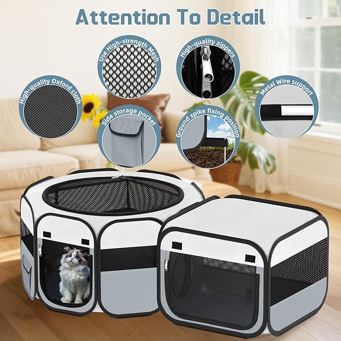 Vikua Portable Pet Cat Playpen, Foldable Dog Playpen for Indoor and Outdoor Use, Two in One Pet Playpen for Puppies Medium-Sized Dogs Kittens Travel Camping Use, Cat Tent & Houses