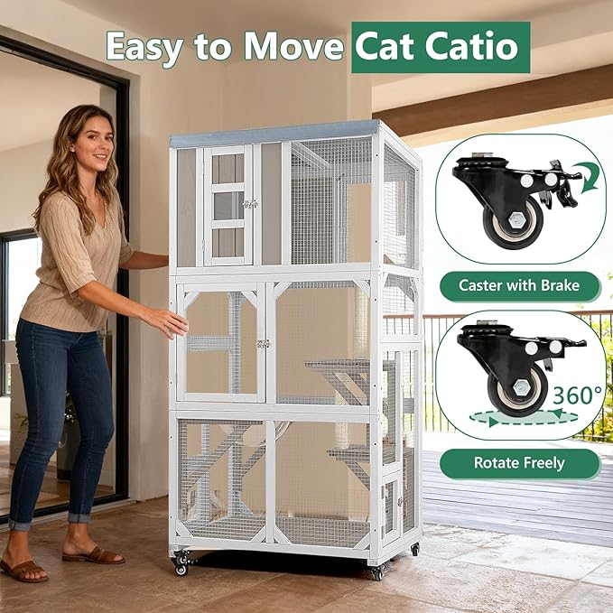 Catio Outdoor Cat Enclosure with Wheels & Weatherproof Roof, Large 63" Window Catio with 3 Platforms, Acrylic Dome, Portable Kitty House for Indoor Cats