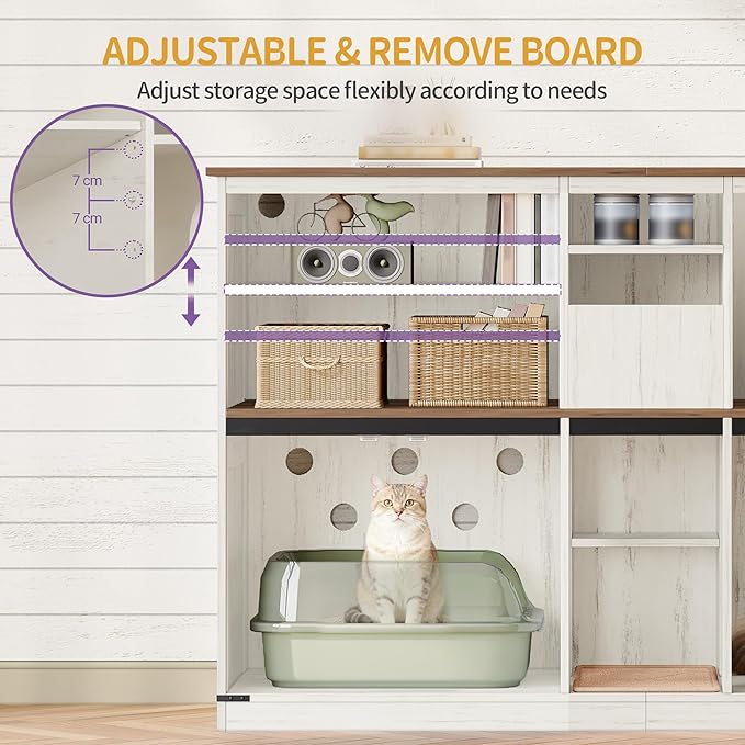 Double Cat Litter Box Enclosure for 2 Cats, Cat Cabinet with Large Storage Space, Hidden Litter Box with Scratch Pad, Farmhouse Cats House, TV Stand End Table, Rustic Brown and White CB97014X