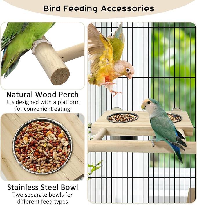 Tfwadmx Bird Feeding Dish Cups with Wooden Platform Hanging Stainless Steel Parrot Cage Feeder Bowl Wood Perch Stand for Parakeet Cockatiels Lovebirds Budgie (Small)
