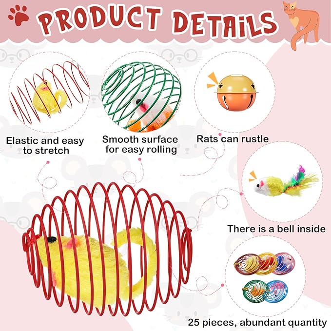 Jecery 25 Pcs Cat Spring Balls Toys Stretchable Rolling Balls Colorful Playful Coils Interactive Action Toy Caged Rats for Kitten Pet Supplies (Mouse and Bell,Colorful)