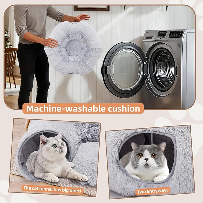 Cat Tunnels for Indoor Cats, Cute Donut Turnel Toys for Small Large Cats with Washable Circle Cushion，3-in-1 Foldable Playground & Cozy Cave Bed for, Kittens Puppy Rabbits