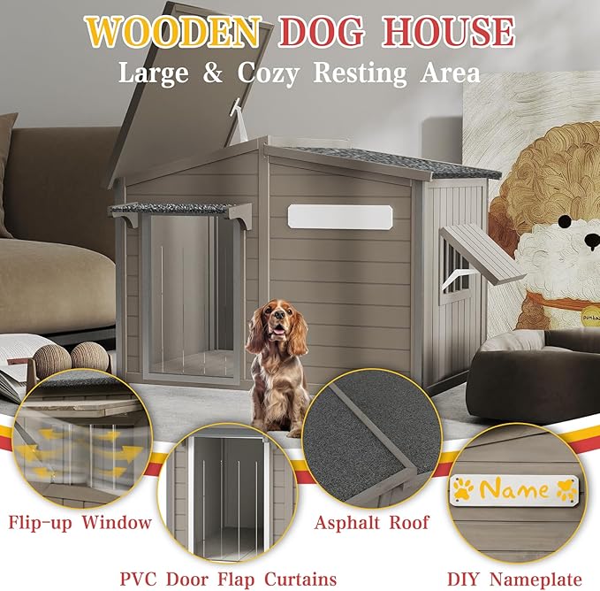 43" L Outdoor Extra Large Dog House with Removable Floor, Raised Feet, Anti-Chewing Iron Frame – Wooden Kennel with Asphalt Roof, Window for Indoor/Outdoor Use, Ideal for Medium to Large Dogs