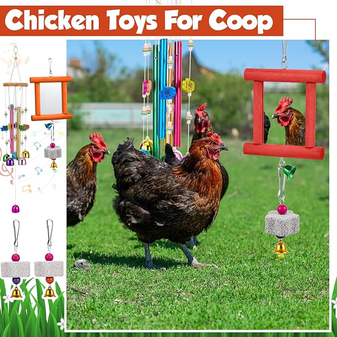 7 Pcs Chicken Toys, Hanging Chicken Wind Chime, 2 Pcs Coop Mirror Toys with Bells 4 Pack Beak Grinding Stones, Musical Coop Accessories for Hen Rooster Chick Poultry Birds(Red, Orange)