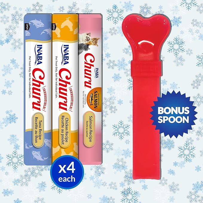 INABA Churu Cat Treats, Lickable, Squeezable Creamy Purée Cat Treat with Taurine & Green Tea Extract, 0.5oz Each Tube, 12 Tubes, Churu Spoon Holiday Variety Pack
