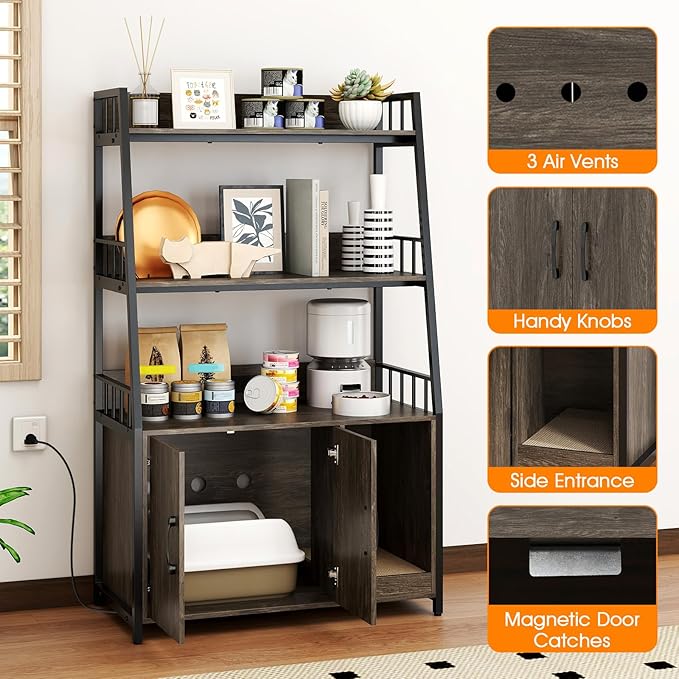 PETSITE Cat Litter Box Enclosure with Storage Shelves, 52 Inches Tall Hidden Litter Box with Charging Station, Scratching Board, and Winding Entry (Grey)