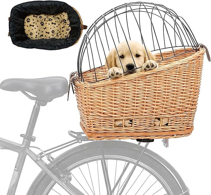 Rear Bike Basket for Dogs, Wicker Pet Bicycle Carrier for Small Dog Cat with Protective Grille Liner Eco Friendly Natural Rattan Doggy Back Luggage Rack Seat (Brown Style1)