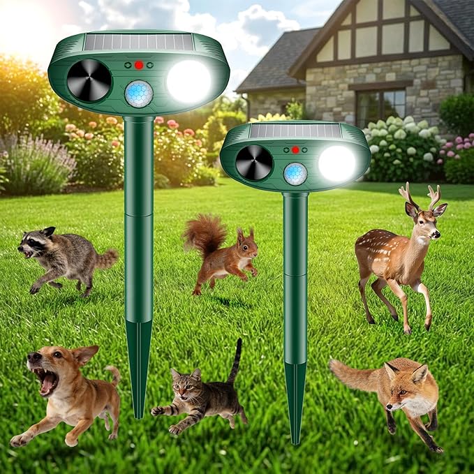 2026 Upgraded Ultrasonic Solar Animal Repellent Outdoor, Deer Repellent Devices Squirrel Cat Raccoon Rabbit Dog Deterrent with Motion Sensor Flash Light for Yard Garden Lawn (2)