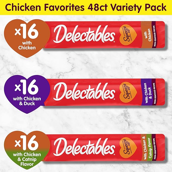 Delectables Squeeze Up Non-Seafood Chicken Variety Pack, Creamy Squeezable Puree, Lickable Wet Cat Treats, Grain-Free, No Added Fillers, 0.5 Ounces Tube, 48 Tubes Total