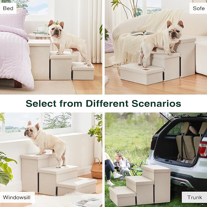 Love's cabin Dog Stairs for High Bed 18" H, Foldable Pet Stairs for Small Medium or Large Dogs Puppy with Storage for Bed or Couch, Cat Dog Steps Ramp with Zip up to 200 lbs, Beige, 3 Steps