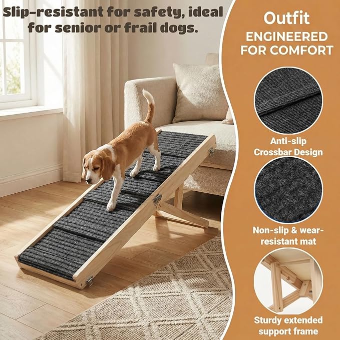 Dog Ramp for Couch & Bed for Small Dogs, Foldable Small Dog Ramps for Sofa - 31.5" LX12 W, 4 Adjustable Height, Portable, Stable, Non-Slip, Carry Handle, Wood