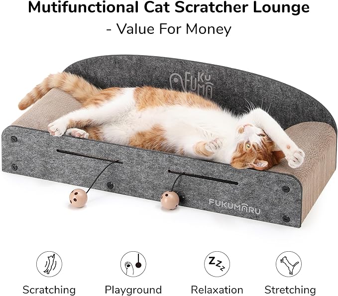 FUKUMARU 26 Inch Cat Scratcher Bed, 2 Reversible Cardboard Cat Scratch Pads Refill for Indoor Cats, Durable Large Cats Scratching Bed Sofa Couch Lounger with Fun Toys, Furniture Protector, Grey