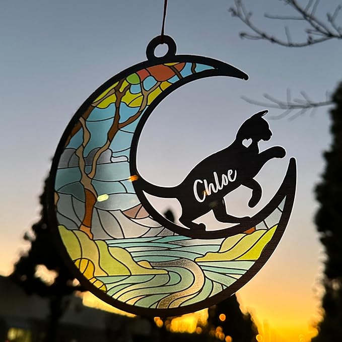 GIFTBYGIFTY Cat Memorial Suncatcher Ornaments, Personalized with Name and Breed, Loss of Pet Sympathy Gift for Cat Lovers, 3.5in Stained Glass Look Acrylic Ornament