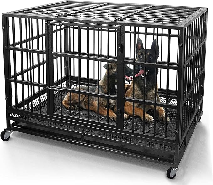 Oranland 48 Inch Heavy Duty Dog Crate Cage with Wheels, High Anxiety Indestructible, Sturdy Locks Design, Double Door and Removable Tray, Extra Large XL XXL