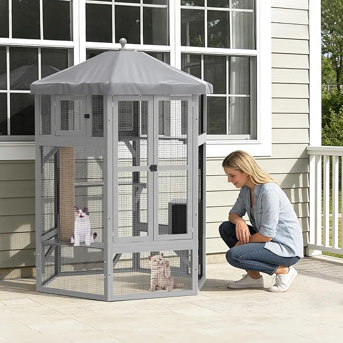 Catio Outdoor Cat Enclosure, Indoor Cat Enclosure with Window Access, Wooden Outdoor Cat Catio with Waterproof Cover, Cat House & Platform for Multiple Cats, Grey