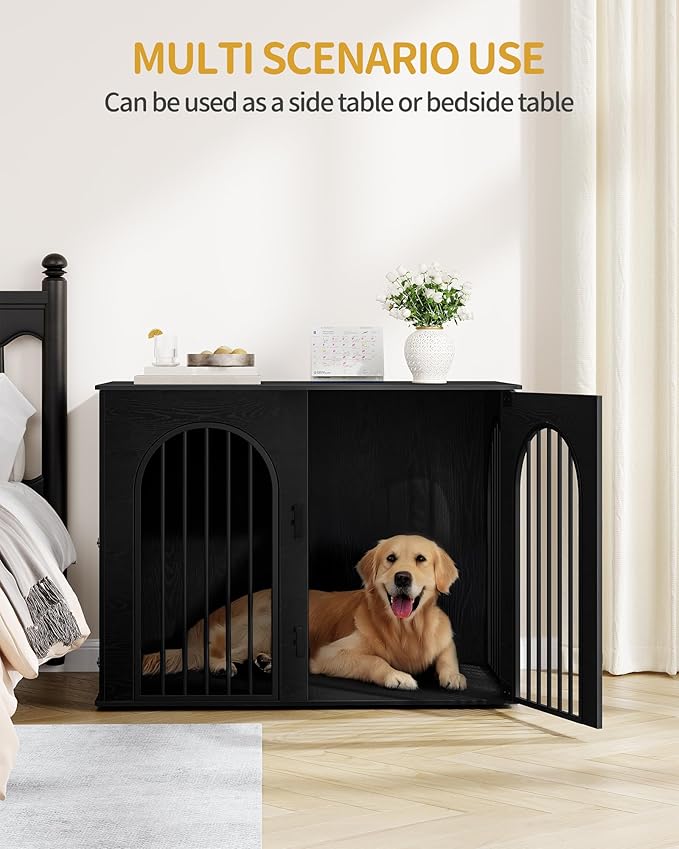 44.1" Wooden Dog Crate Furniture, Indoor Dog Kennel Dogs Cage for Small/Medium/Large Dogs, Heavy Duty Dog Crates Decorative Pet House End Side Table TV Stand, Black DFC83904B