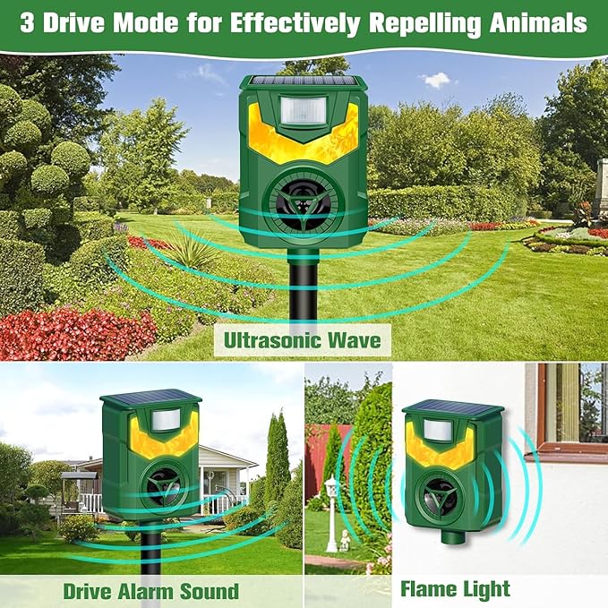 Solar Animal Repeller Outdoor,2025 Upgrade Ultrasonic Animal Repeller,Cat Repellent Outdoor,Squirrel Repellent with Motion Sensor & Flame Light,Waterproof Raccoon Repellent Devices,Repel,Deer,Rabbit