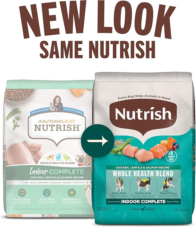 Nutrish Indoor Complete Premium Natural Dry Cat Food, Chicken with Lentils & Salmon Recipe, 14 Pounds (Packaging May Vary)